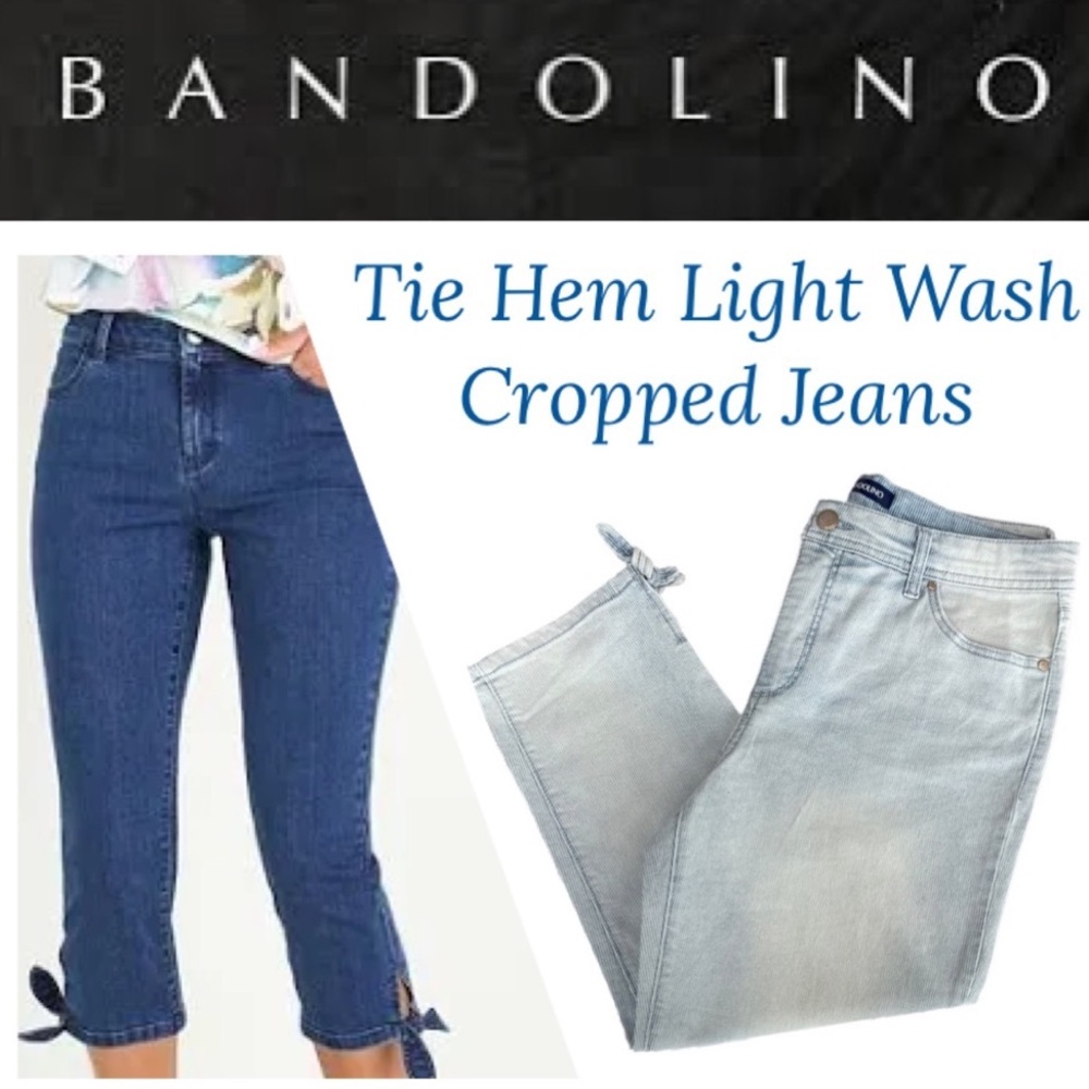 Cute Pinstripe Cropped Jeans Light Wash Denim Bandolino Amy Capri Bottom Tie Bow